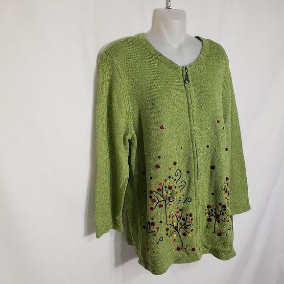 Breckenridge Womens Cardigan Sweater Medium Green Full Zip Embellished Fall Tree - Picture 3 of 10